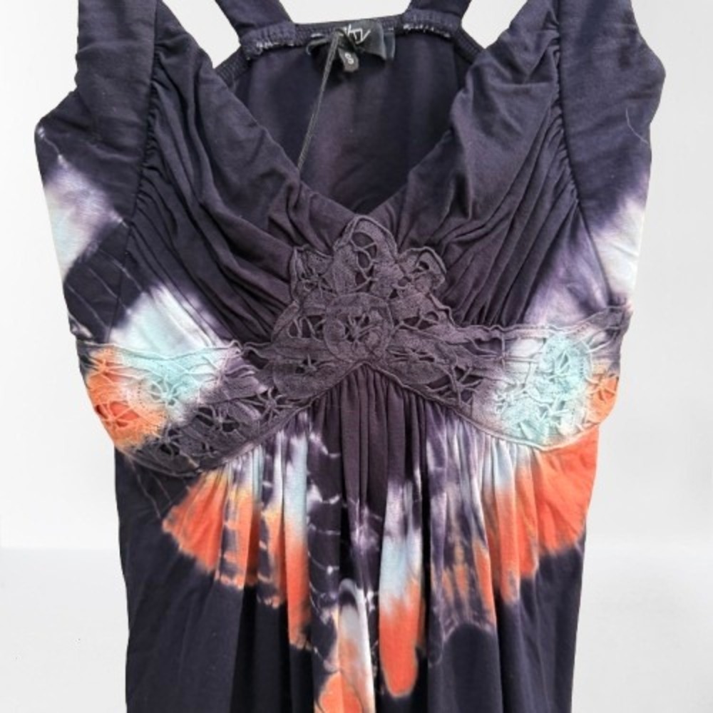 NEW Sky Tie Dye Lace Crochet Ruched Sleeveless Tank Top Black Coral Small